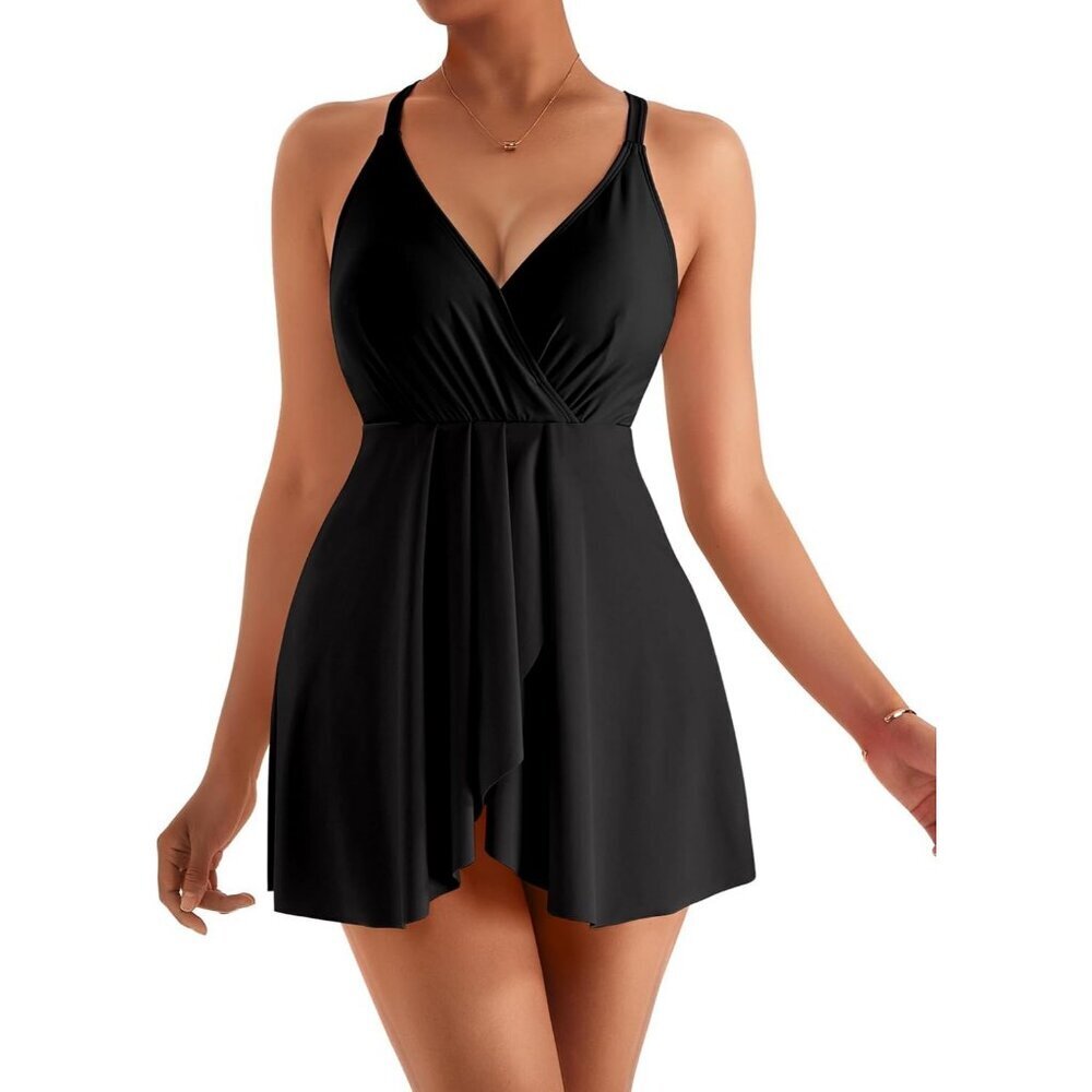 Women Black Swim Dress Swimsuit Tummy Control Ruched Skirted Bathing Suit - Picture 2 of 7